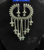 Oxidised Silver Chandbali Jhumka Earrings for Women, Long Chain Tassel Ethnic Jewellery for Navratri & Wedding