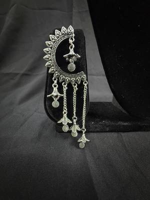 Oxidised Silver Chandbali Jhumka Earrings for Women, Long Chain Tassel Ethnic Jewellery for Navratri & Wedding 2
