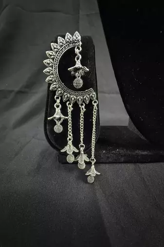 Oxidised Silver Chandbali Jhumka Earrings for Women, Long Chain Tassel Ethnic Jewellery for Navratri & Wedding