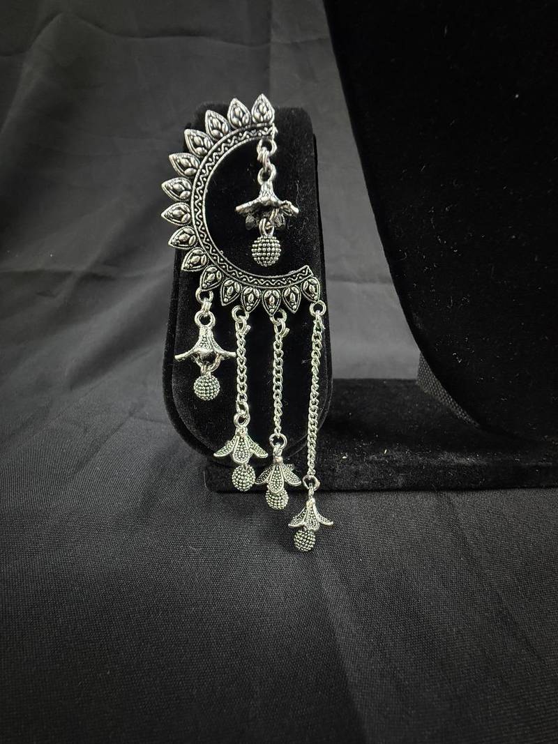 Oxidised Silver Chandbali Jhumka Earrings for Women, Long Chain Tassel Ethnic Jewellery for Navratri & Wedding