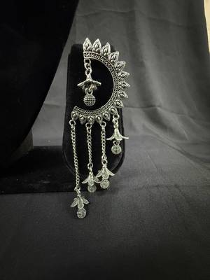 Oxidised Silver Chandbali Jhumka Earrings for Women, Long Chain Tassel Ethnic Jewellery for Navratri & Wedding 3