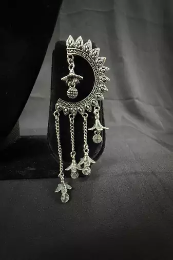 Oxidised Silver Chandbali Jhumka Earrings for Women, Long Chain Tassel Ethnic Jewellery for Navratri & Wedding