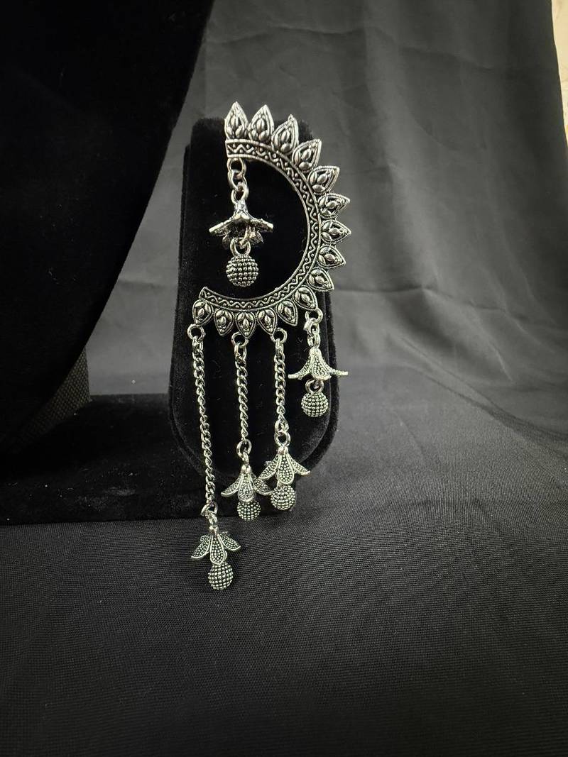 Oxidised Silver Chandbali Jhumka Earrings for Women, Long Chain Tassel Ethnic Jewellery for Navratri & Wedding