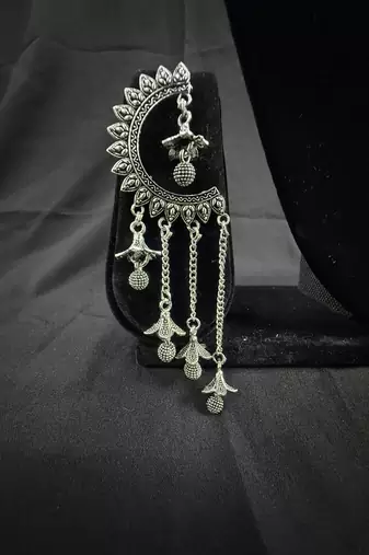 Oxidised Silver Chandbali Jhumka Earrings for Women, Long Chain Tassel Ethnic Jewellery for Navratri & Wedding