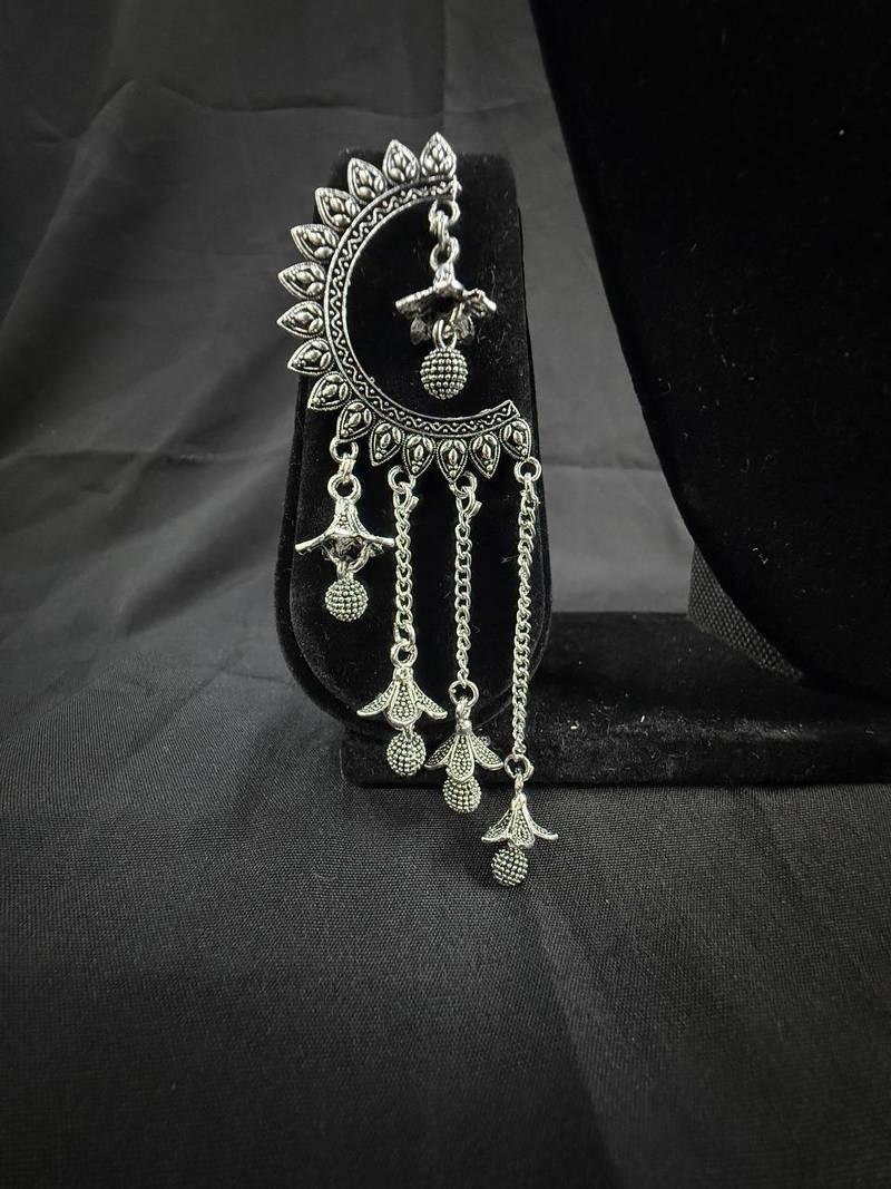 Oxidised Silver Chandbali Jhumka Earrings for Women, Long Chain Tassel Ethnic Jewellery for Navratri & Wedding