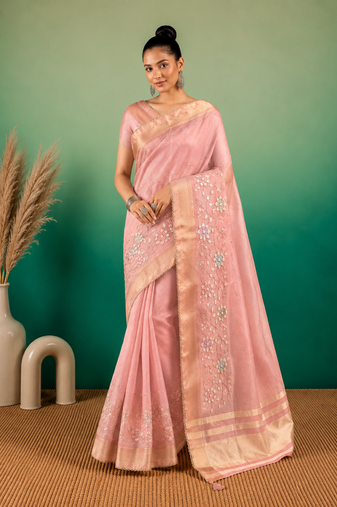 Cream Embroidery Beats Sequin Floral Work And Lightweight Tissue Linen Saree With Unstitched Blouse