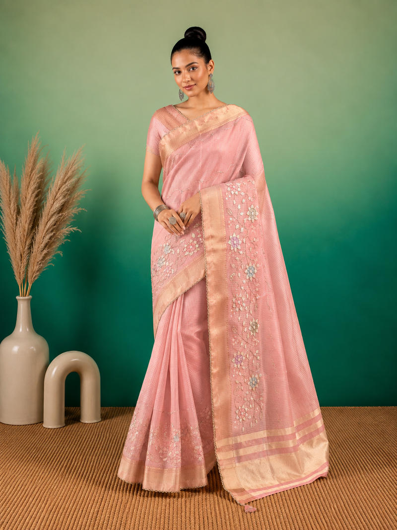 Cream Embroidery Beats Sequin Floral Work And Lightweight Tissue Linen Saree With Unstitched Blouse