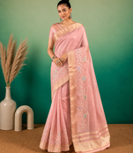 Cream Embroidery Beats Sequin Floral Work And Lightweight Tissue Linen Saree With Unstitched Blouse