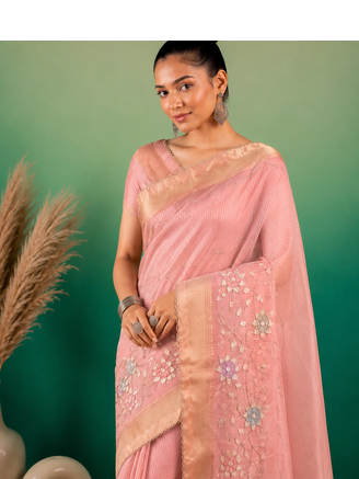 Cream Embroidery Beats Sequin Floral Work And Lightweight Tissue Linen Saree With Unstitched Blouse 2