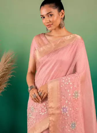 Cream Embroidery Beats Sequin Floral Work And Lightweight Tissue Linen Saree With Unstitched Blouse