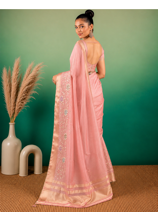 Cream Embroidery Beats Sequin Floral Work And Lightweight Tissue Linen Saree With Unstitched Blouse 3