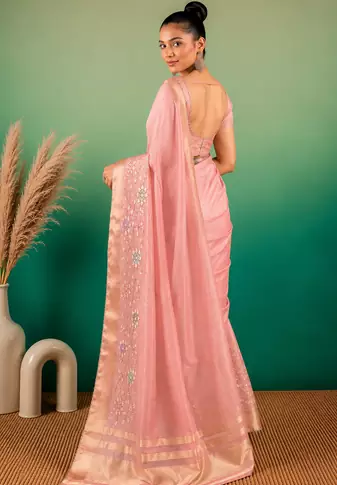 Cream Embroidery Beats Sequin Floral Work And Lightweight Tissue Linen Saree With Unstitched Blouse