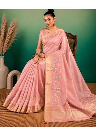 Cream Embroidery Beats Sequin Floral Work And Lightweight Tissue Linen Saree With Unstitched Blouse 4