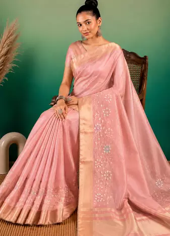 Cream Embroidery Beats Sequin Floral Work And Lightweight Tissue Linen Saree With Unstitched Blouse