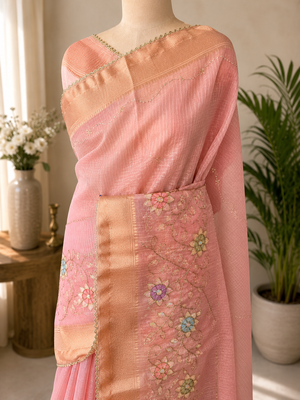 Cream Embroidery Beats Sequin Floral Work And Lightweight Tissue Linen Saree With Unstitched Blouse 5