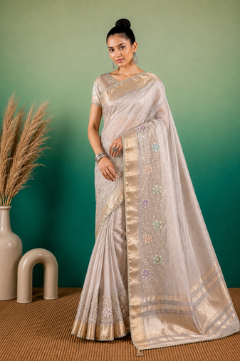 Grey Embroidery Beats Sequin Floral Work And Lightweight Tissue Linen Saree With Unstitched Blouse