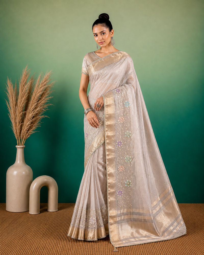 Grey Embroidery Beats Sequin Floral Work And Lightweight Tissue Linen Saree With Unstitched Blouse