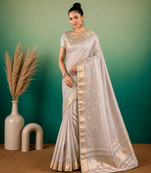 Grey Embroidery Beats Sequin Floral Work And Lightweight Tissue Linen Saree With Unstitched Blouse