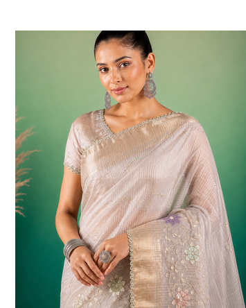 Grey Embroidery Beats Sequin Floral Work And Lightweight Tissue Linen Saree With Unstitched Blouse 2