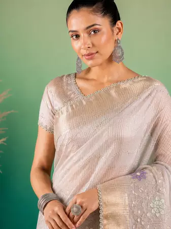 Grey Embroidery Beats Sequin Floral Work And Lightweight Tissue Linen Saree With Unstitched Blouse