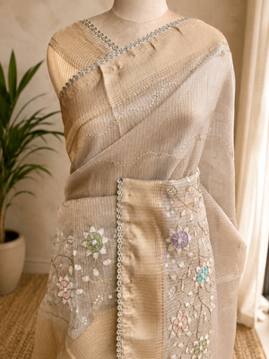 Grey Embroidery Beats Sequin Floral Work And Lightweight Tissue Linen Saree With Unstitched Blouse 3