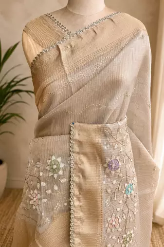 Grey Embroidery Beats Sequin Floral Work And Lightweight Tissue Linen Saree With Unstitched Blouse