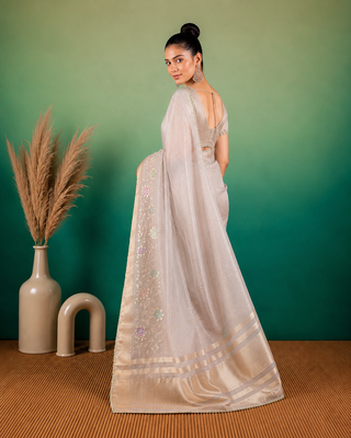 Grey Embroidery Beats Sequin Floral Work And Lightweight Tissue Linen Saree With Unstitched Blouse 4