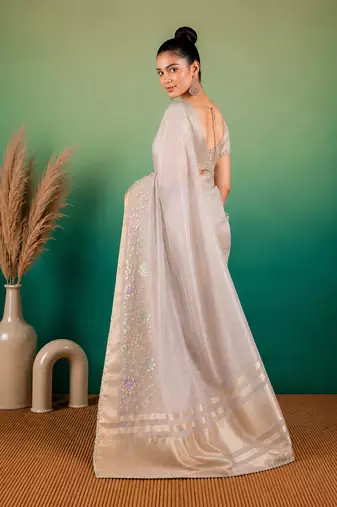 Grey Embroidery Beats Sequin Floral Work And Lightweight Tissue Linen Saree With Unstitched Blouse