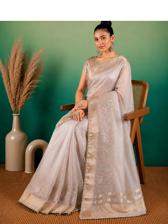 Grey Embroidery Beats Sequin Floral Work And Lightweight Tissue Linen Saree With Unstitched Blouse 5