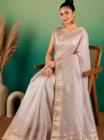 Grey Embroidery Beats Sequin Floral Work And Lightweight Tissue Linen Saree With Unstitched Blouse