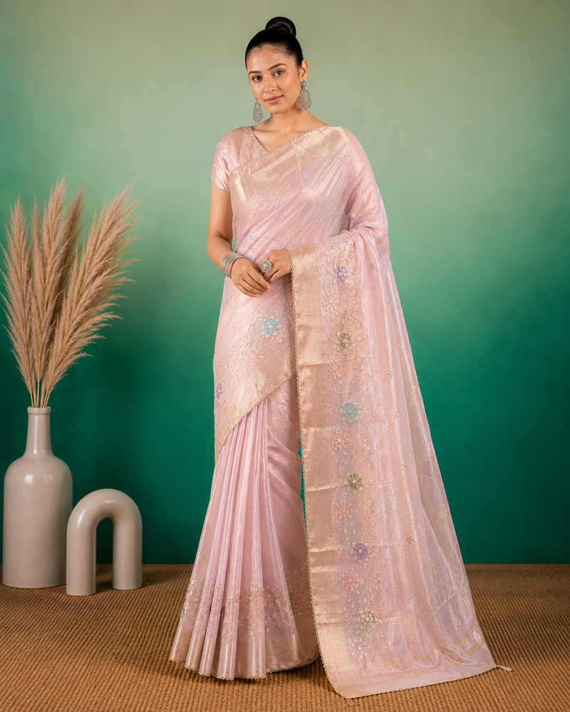 Light Pink Embroidery Beats Sequin Floral Work And Lightweight Tissue Linen Saree With Unstitched Blouse