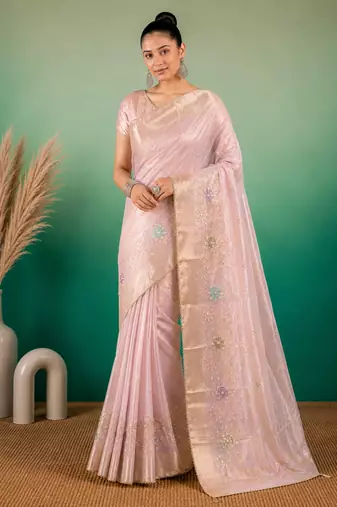 Light Pink Embroidery Beats Sequin Floral Work And Lightweight Tissue Linen Saree With Unstitched Blouse