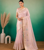 Light Pink Embroidery Beats Sequin Floral Work And Lightweight Tissue Linen Saree With Unstitched Blouse