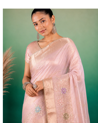 Light Pink Embroidery Beats Sequin Floral Work And Lightweight Tissue Linen Saree With Unstitched Blouse 2