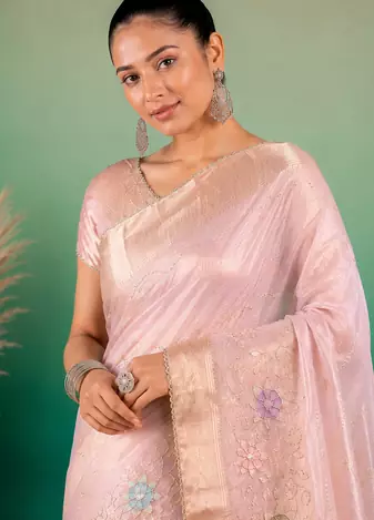 Light Pink Embroidery Beats Sequin Floral Work And Lightweight Tissue Linen Saree With Unstitched Blouse