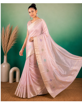 Light Pink Embroidery Beats Sequin Floral Work And Lightweight Tissue Linen Saree With Unstitched Blouse 3