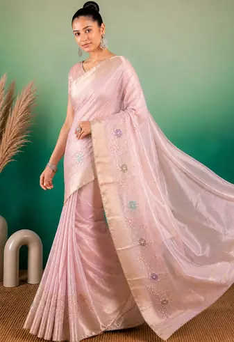 Light Pink Embroidery Beats Sequin Floral Work And Lightweight Tissue Linen Saree With Unstitched Blouse