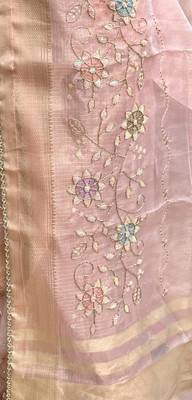 Light Pink Embroidery Beats Sequin Floral Work And Lightweight Tissue Linen Saree With Unstitched Blouse 4