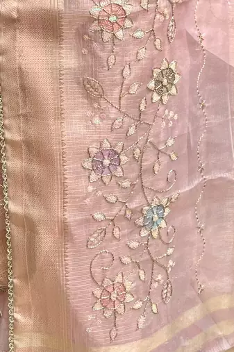 Light Pink Embroidery Beats Sequin Floral Work And Lightweight Tissue Linen Saree With Unstitched Blouse