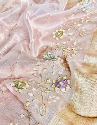 Light Pink Embroidery Beats Sequin Floral Work And Lightweight Tissue Linen Saree With Unstitched Blouse 5