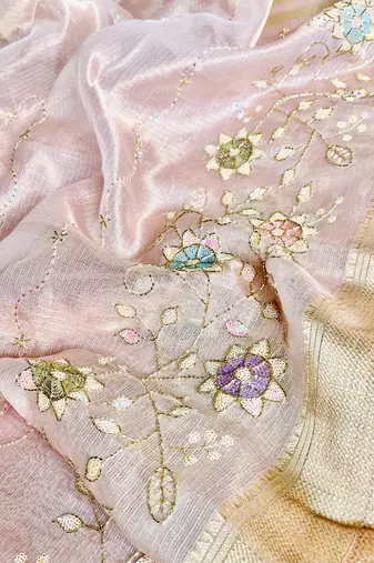 Light Pink Embroidery Beats Sequin Floral Work And Lightweight Tissue Linen Saree With Unstitched Blouse