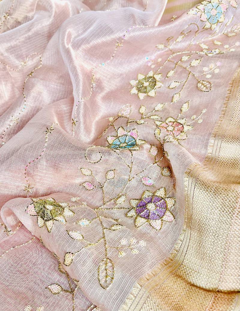 Light Pink Embroidery Beats Sequin Floral Work And Lightweight Tissue Linen Saree With Unstitched Blouse