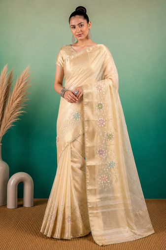 Cream Embroidery Beats Sequin Floral Work And Lightweight Tissue Linen Saree With Unstitched Blouse