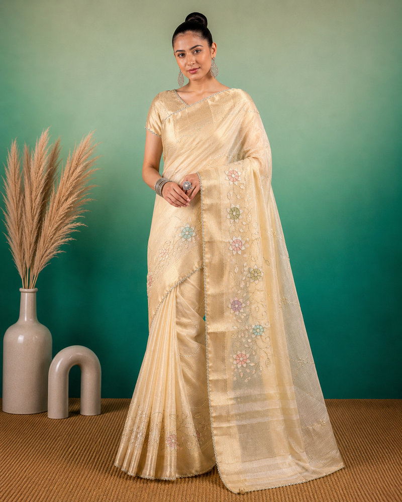 Cream Embroidery Beats Sequin Floral Work And Lightweight Tissue Linen Saree With Unstitched Blouse