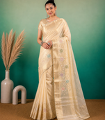 Cream Embroidery Beats Sequin Floral Work And Lightweight Tissue Linen Saree With Unstitched Blouse