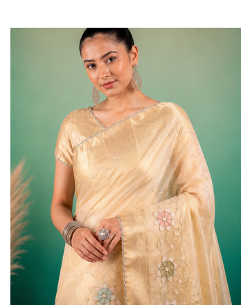 Cream Embroidery Beats Sequin Floral Work And Lightweight Tissue Linen Saree With Unstitched Blouse 2