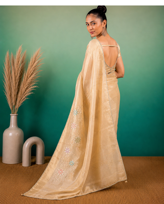 Cream Embroidery Beats Sequin Floral Work And Lightweight Tissue Linen Saree With Unstitched Blouse 3