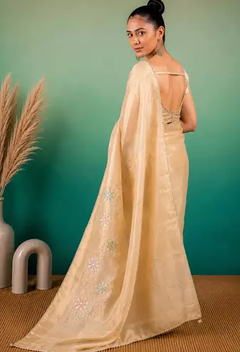 Cream Embroidery Beats Sequin Floral Work And Lightweight Tissue Linen Saree With Unstitched Blouse