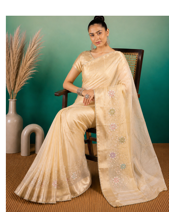 Cream Embroidery Beats Sequin Floral Work And Lightweight Tissue Linen Saree With Unstitched Blouse 4