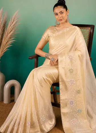 Cream Embroidery Beats Sequin Floral Work And Lightweight Tissue Linen Saree With Unstitched Blouse